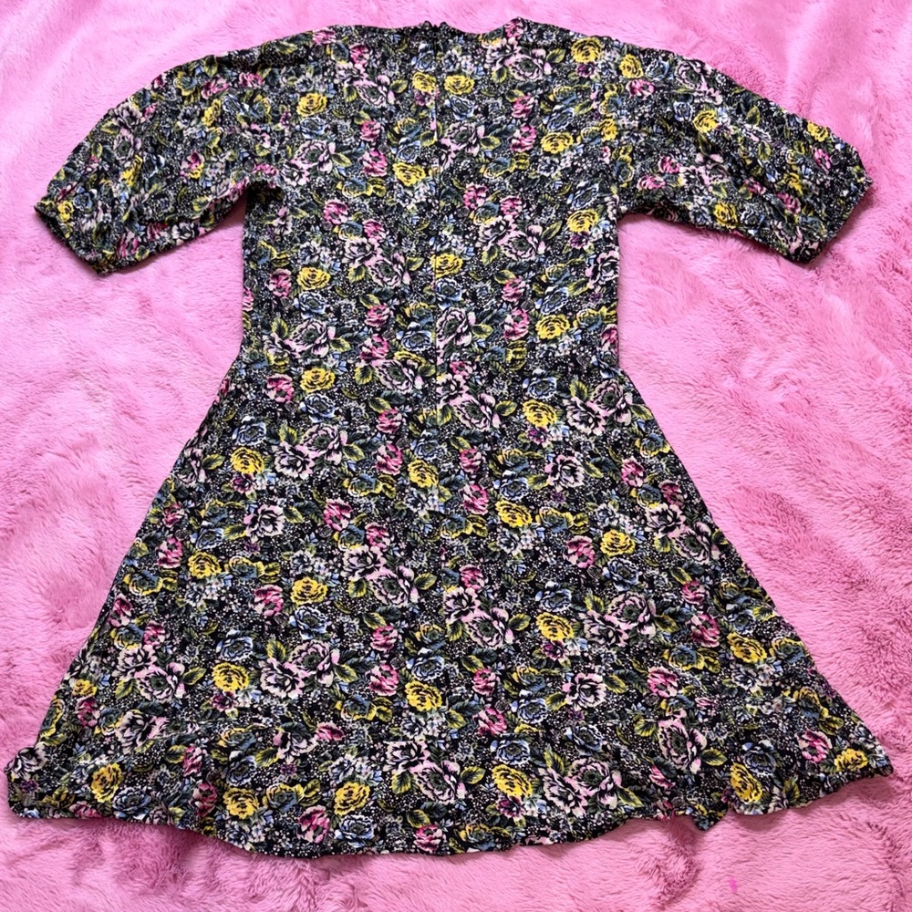 love, Fire Yellow, Pink, and Blue Floral Print Short Sleeve Mini Dress - Picture 6 of 6